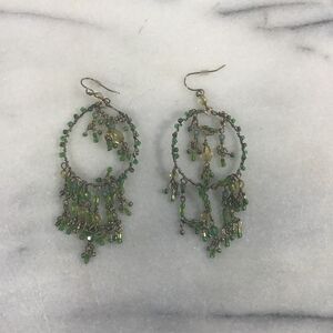 Boho Green & Yellow Beaded Chandelier Dangle Earrings Wire Wrap